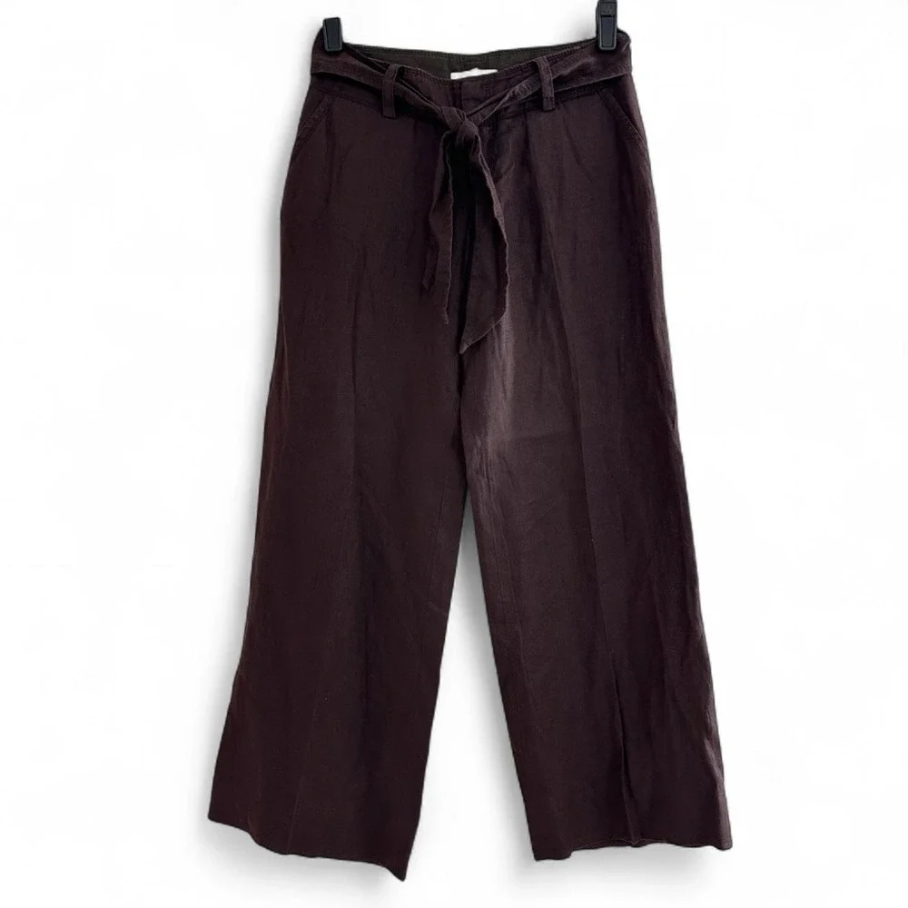Banana Republic Brown 100% Linen Low Rise Wide Leg Belt Tie Trouser Pant Y2K Sz0